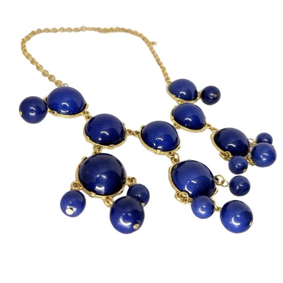 Navy Blue Cabochon Chandelier Statement Necklace 22” Bubbles Runway Gold Tone - Picture 12 of 16